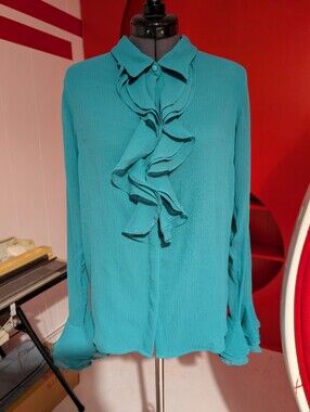 Women’s Ruffled Button-Down Blouse - Teal From Hippie Shake!